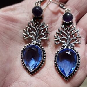 BLUE TOPAZ and AMETHYST Handmade Drop Dangle Earrings/ 2.56" Stamped 925